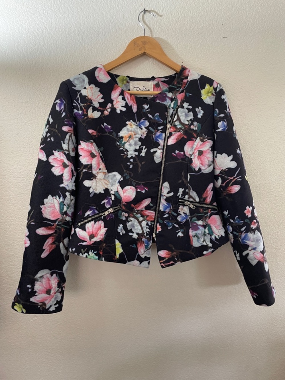 Darling London Black Floral Asymmetrical Zip Crop Jacket feminine biker 12